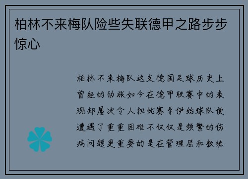 柏林不来梅队险些失联德甲之路步步惊心