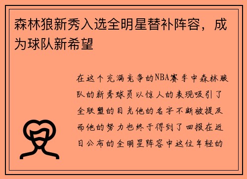 森林狼新秀入选全明星替补阵容，成为球队新希望